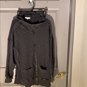 Waffle-Knit Zip Hoodie Jacket - Black